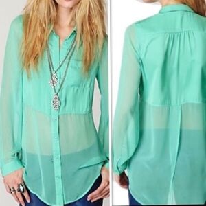 Free people green poly. chiffon sheer button shirt boho Size M
